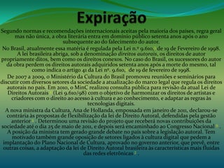 Segundo normas e recomendações internacionais aceitas pela maioria dos países, regra geral
mas não única, a obra literária entra em domínio público setenta anos após o ano
subsequente ao do falecimento do autor.
No Brasil, atualmente essa matéria é regulada pela Lei n.º 9.610,3 de 19 de Fevereiro de 1998.
A lei brasileira abriga, sob a denominação direitos autorais, os direitos de autor
propriamente ditos, bem como os direitos conexos. No caso do Brasil, os sucessores do autor
da obra perdem os direitos autorais adquiridos setenta anos após a morte do mesmo, tal
como indica o artigo 41 da Lei nº. 9.610,3 de 19 de fevereiro de 1998.
De 2007 a 2009, o Ministério da Cultura do Brasil promoveu reuniões e seminários para
discutir com diversos setores da sociedade a atualização do marco legal que regula os direitos
autorais no país. Em 2010, o MinC realizou consulta pública para revisão da atual Lei de
Direitos Autorais 4 (Lei 9.610/98) com o objetivo de harmonizar os direitos de artistas e
criadores com o direito ao acesso à cultura e ao conhecimento, e adaptar as regras às
tecnologias digitais.
A nova ministra da Cultura, Ana de Hollanda, empossada em janeiro de 2011, declarou-se
contrária às propostas de flexibilização da lei de Direito Autoral, defendidas pela gestão
anterior 5 . Determinou uma revisão do projeto que receberá novas contribuições da
sociedade até o dia 25 de maio de 2011, e depois será encaminhado ao Congresso Nacional 6 .
A posição da ministra tem gerado grande debate no país sobre a legislação autoral. Tem
motivado também grande oposição de setores ligados à cultura digital que pedem a
implantação do Plano Nacional de Cultura, aprovado no governo anterior, que prevê, entre
outras coisas, a adaptação da lei de Direito Autoral brasileira às características mais fluidas
das redes eletrônicas 7 .
 