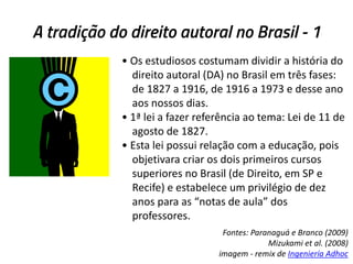 A tradição do direito autoral no Brasil - 1
• Os estudiosos costumam dividir a história do
direito autoral (DA) no Brasil em três fases:
de 1827 a 1916, de 1916 a 1973 e desse ano
aos nossos dias.
• 1ª lei a fazer referência ao tema: Lei de 11 de
agosto de 1827.
• Esta lei possui relação com a educação, pois
objetivara criar os dois primeiros cursos
superiores no Brasil (de Direito, em SP e
Recife) e estabelece um privilégio de dez
anos para as “notas de aula” dos
professores.
Fontes: Paranaguá e Branco (2009)
Mizukami et al. (2008)
imagem - remix de Ingeniería Adhoc

 