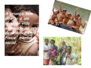 A criança tem direito a um nível de vida adequado ao seu desenvolvimento físico, mental e social. 
