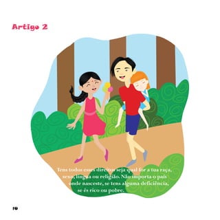 10
Artigo 2
Tens todos esses direitos seja qual for a tua raça,
sexo, língua ou religião. Não importa o país
onde nasceste, se tens alguma deficiência,
se és rico ou pobre.
 