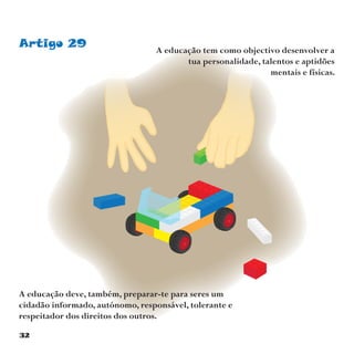 32
Artigo 29 A educação tem como objectivo desenvolver a
tua personalidade, talentos e aptidões
mentais e físicas.
A educação deve, também, preparar-te para seres um
cidadão informado, autónomo, responsável, tolerante e
respeitador dos direitos dos outros.
 