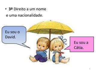 3º  Direito a um nome e uma nacionalidade.  Eu sou o David. Eu sou a Cátia. 
