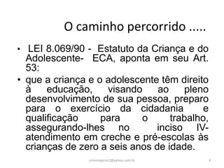 O caminho percorrido .....
• LEI 8.069/90 - Estatuto da Criança e do
  Adolescente- ECA, aponta em seu Art.
  53:
• que a criança e o adolescente têm direito
  à    educação,    visando     ao    pleno
  desenvolvimento de sua pessoa, preparo
  para o exercício da cidadania            e
  qualificação     para     o      trabalho,
  assegurando-lhes no           inciso IV-
  atendimento em creche e pré-escolas às
  crianças de zero a seis anos de idade.
                simoneperes2@yahoo.com.br      3
 