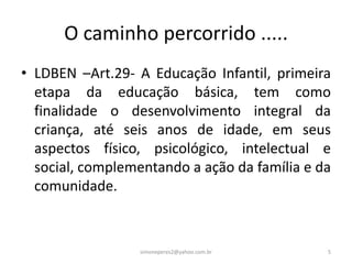 O caminho percorrido .....
• LDBEN –Art.29- A Educação Infantil, primeira
  etapa da educação básica, tem como
  finalidade o desenvolvimento integral da
  criança, até seis anos de idade, em seus
  aspectos físico, psicológico, intelectual e
  social, complementando a ação da família e da
  comunidade.



                  simoneperes2@yahoo.com.br   5
 