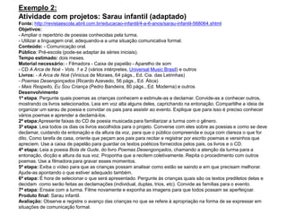 Exemplo 2:
Atividade com projetos: Sarau infantil (adaptado)
Fonte: http://revistaescola.abril.com.br/educacao-infantil/4-a-6-anos/sarau-infantil-568064.shtml
Objetivos:
- Ampliar o repertório de poesias conhecidas pela turma.
- Utilizar a linguagem oral, adequando-a a uma situação comunicativa formal.
Conteúdo: - Comunicação oral.
Público: Pré-escola (pode-se adaptar às séries iniciais).
Tempo estimado: dois meses.
Material necessário: - Filmadora - Caixa de papelão - Aparelho de som
- CD A Arca de Noé - Vols. 1 e 2 (vários intérpretes, Universal Music Brasil) e outros
Livros: - A Arca de Noé (Vinicius de Moraes, 64 págs., Ed. Cia. das Letrinhas)
- Poemas Desengonçados (Ricardo Azevedo, 56 págs., Ed. Ática)
- Mais Respeito, Eu Sou Criança (Pedro Bandeira, 80 págs., Ed. Moderna) e outros
Desenvolvimento
1ª etapa: Pergunte quais poemas as crianças conhecem e estimule-as a declamar. Convide-as a conhecer outros,
mostrando os livros selecionados. Leia em voz alta alguns deles, caprichando na entonação. Compartilhe a ideia de
organizar um sarau de poesia e convidar os pais para assistir ao evento. Explique que para isso é preciso conhecer
vários poemas e aprender a declamá-los.
2ª etapa:Apresente faixas do CD de poesia musicada para familiarizar a turma com o gênero.
3ª etapa: Leia todos os dias os livros escolhidos para o projeto. Converse com eles sobre as poesias e como se deve
declamar, cuidando da entonação e da altura da voz, para que o público compreenda e ouça com clareza o que for
dito. Como tarefa de casa, oriente que peçam aos pais para recitar e registrar por escrito poemas e versinhos que
apreciem. Use a caixa de papelão para guardar os textos poéticos fornecidos pelos pais, os livros e o CD.
4ª etapa: Leia a poesia Bola de Gude, do livro Poemas Desengonçados, chamando a atenção da turma para a
entonação, dicção e altura da sua voz. Proponha que a recitem coletivamente. Repita o procedimento com outros
poemas. Use a filmadora para gravar esses momentos.
5ª etapa: Exiba o vídeo para que as crianças possam analisar como estão se saindo e em que precisam melhorar.
Ajude-as apontando o que estiver adequado também.
6ª etapa: É hora de selecionar o que será apresentado. Pergunte às crianças quais são os textos prediletos delas e
decidam como serão feitas as declamações (individual, duplas, trios, etc). Convide as famílias para o evento.
7ª etapa: Ensaie com a turma. Filme novamente e exponha as imagens para que todos possam se aperfeiçoar.
Produto final: Sarau infantil.
Avaliação: Observe e registre o avanço das crianças no que se refere à apropriação na forma de se expressar em
situações de comunicação formal.
 