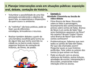3. Planejar intervenções orais em situações públicas: exposição
oral, debate, contação de história.
•   Vislumbrar a possibilidade de uma fala • Exemplo 1:
    planejada considerando o objetivo de     Atividade: Cineminha ou Sessão de
    quem fala, as expectativas e disposições     vídeo-debate
    de quem ouve e o ambiente.               • Filme Branca de Neve: Discussão
                                                 sobre os fatos e personagens,
                                                 levantamento dos conhecimentos
•   As “rodinhas” são boas práticas, pode-se     prévios sobre contos de fadas. Branca
    fazer uso de diferentes                      de Neve é um conto de fada? Que
    estratégias, brincadeiras e recursos.        seres fantásticos aparecem no filme?
                                                 Há castelos? Bruxas? Fadas? Quem
•   Realizar também debates a partir de          salva Branca de Neve? Que outros
    uma temática escolhida pela turma ou         contos conhecem?
    de algum fato que tenha ocorrido na      • Problematizaçao: Sabemos que nem
    cidade ou no bairro onde moram;              todos os contos de fada têm fadas.
    organizar festivais de contação de           Por que são chamados assim?
    histórias, de filmes, de piadas.             Perguntar quais as suas histórias
                                                 preferidas. Falar sobre os autores dos
                                                 contos (o que estiver em foco).
                                             • Pode-se discutir com os alunos
                                                 releituras da história, outras leituras,
                                                 atividades de escrita, interpretação e
                                                 discussões, propiciando maior
                                                 interação entre os alunos.
 