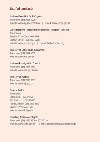 Useful contacts

National Comittee for Refugees
Telephone: (61) 2025 9225
website: www.mj.gov.br/conare | e-mail: conare@m...