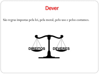 Dever
São regras impostas pela lei, pela moral, pelo uso e pelos costumes.
 