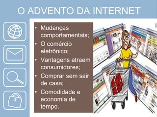 O ADVENTO DA INTERNET
• Mudanças
comportamentais;
• O comércio
eletrônico;
• Vantagens atraem
consumidores;
• Comprar sem sair
de casa;
• Comodidade e
economia de
tempo.

 