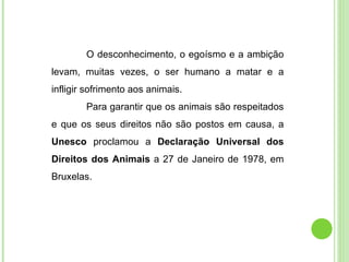 O desconhecimento, o egoísmo e a ambição levam, muitas vezes, o ser humano a matar e a infligir sofrimento aos animais. Para garantir que os animais são respeitados e que os seus direitos não são postos em causa, a  Unesco  proclamou a  Declaração Universal dos Direitos dos Animais  a 27 de Janeiro de 1978, em Bruxelas. 