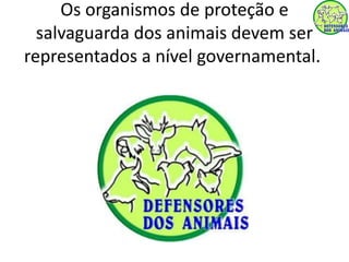 Os organismos de proteção e 
salvaguarda dos animais devem ser 
representados a nível governamental. 
 