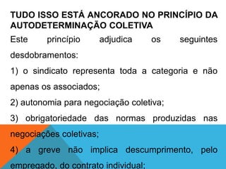 TUDO ISSO ESTÁ ANCORADO NO PRINCÍPIO DA
AUTODETERMINAÇÃO COLETIVA
Este princípio adjudica os seguintes
desdobramentos:
1) o sindicato representa toda a categoria e não
apenas os associados;
2) autonomia para negociação coletiva;
3) obrigatoriedade das normas produzidas nas
negociações coletivas;
4) a greve não implica descumprimento, pelo
empregado, do contrato individual;
 