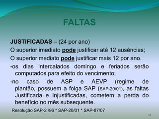 FALTAS

JUSTIFICADAS – (24 por ano)
O superior imediato pode justificar até 12 ausências;
O superior mediato pode justificar mais 12 por ano.
-os dias intercalados domingo e feriados serão
  computados para efeito do vencimento;
-no caso de ASP e AEVP (regime de
  plantão, possuem a folga SAP (SAP-20/01), as faltas
  Justificada e Injustificadas, cometem a perda do
  benefício no mês subsequente.
Resolução SAP-2 /96 * SAP-20/01 * SAP-87/07
                                                    15
 