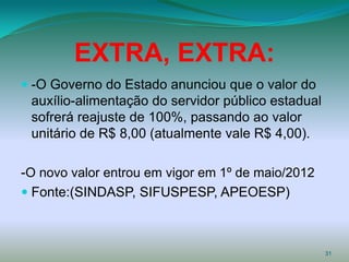 EXTRA, EXTRA:
 -O Governo do Estado anunciou que o valor do
  auxílio-alimentação do servidor público estadual
  sofrerá reajuste de 100%, passando ao valor
  unitário de R$ 8,00 (atualmente vale R$ 4,00).

-O novo valor entrou em vigor em 1º de maio/2012
 Fonte:(SINDASP, SIFUSPESP, APEOESP)



                                                     31
 