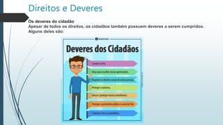Direitos e Deveres
Os deveres do cidadão
Apesar de todos os direitos, os cidadãos também possuem deveres a serem cumpridos.
Alguns deles são:
 