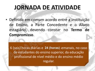 JORNADA DE ATIVIDADE
• Definida em comum acordo entre a Instituição
de Ensino, a Parte Concedente e o Aluno
estagiário, devendo constar no Termo de
Compromisso.
24 (horas)
6 (seis) horas diárias e 30 (trinta) semanais, no caso
de estudantes do ensino superior, da educação
profissional de nível médio e do ensino médio
regular.

 