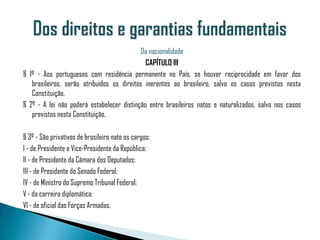 Da nacionalidade
                                             CAPÍTULO III
§ 1º - Aos portugueses com residência permanente no País, se houver reciprocidade em favor dos
   brasileiros, serão atribuídos os direitos inerentes ao brasileiro, salvo os casos previstos nesta
   Constituição.
§ 2º - A lei não poderá estabelecer distinção entre brasileiros natos e naturalizados, salvo nos casos
   previstos nesta Constituição.

§ 3º - São privativos de brasileiro nato os cargos:
I - de Presidente e Vice-Presidente da República;
II - de Presidente da Câmara dos Deputados;
III - de Presidente do Senado Federal;
IV - de Ministro do Supremo Tribunal Federal;
V - da carreira diplomática;
VI - de oficial das Forças Armadas.
 