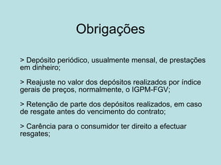 Obrigações > Depósito periódico, usualmente mensal, de prestações em dinheiro;  > Reajuste no valor dos depósitos realizados por índice gerais de preços, normalmente, o IGPM-FGV;  > Retenção de parte dos depósitos realizados, em caso de resgate antes do vencimento do contrato;  > Carência para o consumidor ter direito a efectuar resgates;  