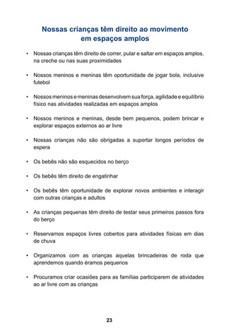 23
Nossas crianças têm direito ao movimento
em espaços amplos
•	 Nossas crianças têm direito de correr, pular e saltar em espaços amplos,
na creche ou nas suas proximidades
•	 Nossos meninos e meninas têm oportunidade de jogar bola, inclusive
futebol
•	 Nossos meninos e meninas desenvolvem sua força, agilidade e equilíbrio
físico nas atividades realizadas em espaços amplos
•	 Nossos meninos e meninas, desde bem pequenos, podem brincar e
explorar espaços externos ao ar livre
•	 Nossas crianças não são obrigadas a suportar longos períodos de
espera
•	 Os bebês não são esquecidos no berço
•	 Os bebês têm direito de engatinhar
•	 Os bebês têm oportunidade de explorar novos ambientes e interagir
com outras crianças e adultos
•	 As crianças pequenas têm direito de testar seus primeiros passos fora
do berço
•	 Reservamos espaços livres cobertos para atividades físicas em dias
de chuva
•	 Organizamos com as crianças aquelas brincadeiras de roda que
aprendemos quando éramos pequenos
•	 Procuramos criar ocasiões para as famílias participarem de atividades
ao ar livre com as crianças
 