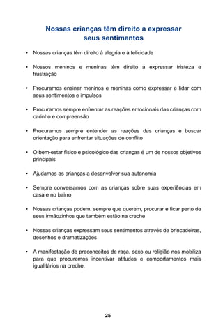 Nossas crianças têm direito a expressar 
seus sentimentos 
• Nossas crianças têm direito à alegria e à felicidade 
• Nossos meninos e meninas têm direito a expressar tristeza e 
25 
frustração 
• Procuramos ensinar meninos e meninas como expressar e lidar com 
seus sentimentos e impulsos 
• Procuramos sempre enfrentar as reações emocionais das crianças com 
carinho e compreensão 
• Procuramos sempre entender as reações das crianças e buscar 
orientação para enfrentar situações de conflito 
• O bem-estar físico e psicológico das crianças é um de nossos objetivos 
principais 
• Ajudamos as crianças a desenvolver sua autonomia 
• Sempre conversamos com as crianças sobre suas experiências em 
casa e no bairro 
• Nossas crianças podem, sempre que querem, procurar e ficar perto de 
seus irmãozinhos que também estão na creche 
• Nossas crianças expressam seus sentimentos através de brincadeiras, 
desenhos e dramatizações 
• A manifestação de preconceitos de raça, sexo ou religião nos mobiliza 
para que procuremos incentivar atitudes e comportamentos mais 
igualitários na creche. 
 