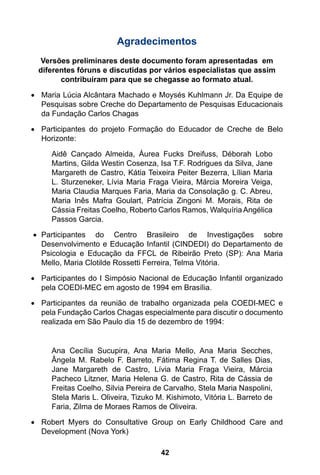 Agradecimentos 
Versões preliminares deste documento foram apresentadas em 
diferentes fóruns e discutidas por vários especialistas que assim 
contribuíram para que se chegasse ao formato atual. 
• Maria Lúcia Alcântara Machado e Moysés Kuhlmann Jr. Da Equipe de 
Pesquisas sobre Creche do Departamento de Pesquisas Educacionais 
da Fundação Carlos Chagas 
• Participantes do projeto Formação do Educador de Creche de Belo 
42 
Horizonte: 
Aidê Cançado Almeida, Áurea Fucks Dreifuss, Déborah Lobo 
Martins, Gilda Westin Cosenza, Isa T.F. Rodrigues da Silva, Jane 
Margareth de Castro, Kátia Teixeira Peiter Bezerra, Lílian Maria 
L. Sturzeneker, Lívia Maria Fraga Vieira, Márcia Moreira Veiga, 
Maria Claudia Marques Faria, Maria da Consolação g. C. Abreu, 
Maria Inês Mafra Goulart, Patrícia Zingoni M. Morais, Rita de 
Cássia Freitas Coelho, Roberto Carlos Ramos, Walquíria Angélica 
Passos Garcia. 
• Participantes do Centro Brasileiro de Investigações sobre 
Desenvolvimento e Educação Infantil (CINDEDI) do Departamento de 
Psicologia e Educação da FFCL de Ribeirão Preto (SP): Ana Maria 
Mello, Maria Clotilde Rossetti Ferreira, Telma Vitória. 
• Participantes do I Simpósio Nacional de Educação Infantil organizado 
pela COEDI-MEC em agosto de 1994 em Brasília. 
• Participantes da reunião de trabalho organizada pela COEDI-MEC e 
pela Fundação Carlos Chagas especialmente para discutir o documento 
realizada em São Paulo dia 15 de dezembro de 1994: 
Ana Cecília Sucupira, Ana Maria Mello, Ana Maria Secches, 
Ângela M. Rabelo F. Barreto, Fátima Regina T. de Salles Dias, 
Jane Margareth de Castro, Lívia Maria Fraga Vieira, Márcia 
Pacheco Litzner, Maria Helena G. de Castro, Rita de Cássia de 
Freitas Coelho, Silvia Pereira de Carvalho, Stela Maria Naspolini, 
Stela Maris L. Oliveira, Tizuko M. Kishimoto, Vitória L. Barreto de 
Faria, Zilma de Moraes Ramos de Oliveira. 
• Robert Myers do Consultative Group on Early Childhood Care and 
Development (Nova York) 
 