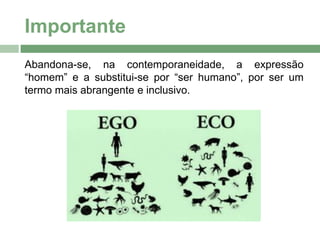 Importante
Abandona-se, na contemporaneidade, a expressão
“homem” e a substitui-se por “ser humano”, por ser um
termo mais abrangente e inclusivo.
 