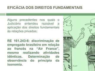 EFICÁCIA DOS DIREITOS FUNDAMENTAIS
Alguns precedentes nos quais o
Judiciário entendeu razoável a
aplicação dos direitos fundamentais
às relações privadas:
RE 161.243-6: discriminação de
empregado brasileiro em relação
ao francês na “Air France”,
mesmo realizando atividades
idênticas. Determinação de
observância do princípio da
isonomia.
 