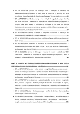 63
67
71
75
79
83
PARTE III – DIREITO AO SOSSEGO/TRANQUILIDADE/SAÚDE/QUALIDADE DE VIDA
PROPRIEDADE/INICIATIVA E EXPLORAÇÃO ECONÓMICA.............................................................. 87
89
93
97
101
 