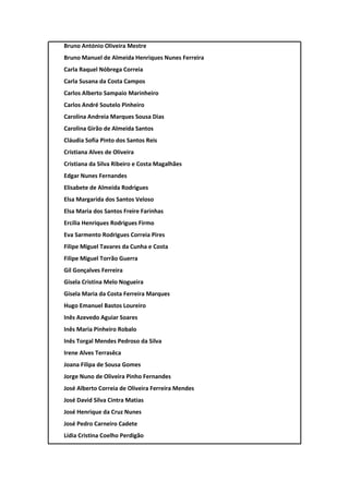 Bruno António Oliveira Mestre
Bruno Manuel de Almeida Henriques Nunes Ferreira
Carla Raquel Nóbrega Correia
Carla Susana da Costa Campos
Carlos Alberto Sampaio Marinheiro
Carlos André Soutelo Pinheiro
Carolina Andreia Marques Sousa Dias
Carolina Girão de Almeida Santos
Cláudia Sofia Pinto dos Santos Reis
Cristiana Alves de Oliveira
Cristiana da Silva Ribeiro e Costa Magalhães
Edgar Nunes Fernandes
Elisabete de Almeida Rodrigues
Elsa Margarida dos Santos Veloso
Elsa Maria dos Santos Freire Farinhas
Ercília Henriques Rodrigues Firmo
Eva Sarmento Rodrigues Correia Pires
Filipe Miguel Tavares da Cunha e Costa
Filipe Miguel Torrão Guerra
Gil Gonçalves Ferreira
Gisela Cristina Melo Nogueira
Gisela Maria da Costa Ferreira Marques
Hugo Emanuel Bastos Loureiro
Inês Azevedo Aguiar Soares
Inês Maria Pinheiro Robalo
Inês Torgal Mendes Pedroso da Silva
Irene Alves Terrasêca
Joana Filipa de Sousa Gomes
Jorge Nuno de Oliveira Pinho Fernandes
José Alberto Correia de Oliveira Ferreira Mendes
José David Silva Cintra Matias
José Henrique da Cruz Nunes
José Pedro Carneiro Cadete
Lídia Cristina Coelho Perdigão
 