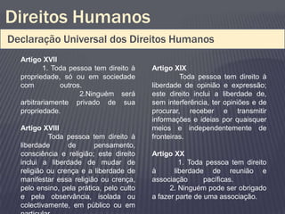 Direitos Humanos
Declaração Universal dos Direitos Humanos
  Artigo XVII
          1. Toda pessoa tem direito à    Artigo XIX
  propriedade, só ou em sociedade                  Toda pessoa tem direito à
  com          outros.                    liberdade de opinião e expressão;
                     2.Ninguém será       este direito inclui a liberdade de,
  arbitrariamente privado de sua          sem interferência, ter opiniões e de
  propriedade.                            procurar, receber e transmitir
                                          informações e ideias por quaisquer
  Artigo XVIII                            meios e independentemente de
           Toda pessoa tem direito à      fronteiras.
  liberdade      de       pensamento,
  consciência e religião; este direito    Artigo XX
  inclui a liberdade de mudar de                   1. Toda pessoa tem direito
  religião ou crença e a liberdade de     à      liberdade de reunião e
  manifestar essa religião ou crença,     associação       pacíficas.
  pelo ensino, pela prática, pelo culto         2. Ninguém pode ser obrigado
  e pela observância, isolada ou          a fazer parte de uma associação.
  colectivamente, em público ou em
 
