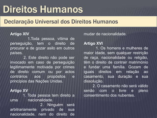 Direitos Humanos
Declaração Universal dos Direitos Humanos
  Artigo XIV                             mudar de nacionalidade.
             1.Toda pessoa, vítima de
  perseguição, tem o direito de          Artigo XVI
  procurar e de gozar asilo em outros           1. Os homens e mulheres de
  países.                                maior idade, sem qualquer restrição
          2. Este direito não pode ser   de raça, nacionalidade ou religião,
  invocado em caso de perseguição        têm o direito de contrair matrimónio
  legitimamente motivada por crimes      e fundar uma família. Gozam de
  de direito comum ou por actos          iguais direitos em relação ao
  contrários     aos    propósitos   e   casamento, sua duração e sua
  princípios das Nações Unidas.          dissolução.
                                              2. O casamento não será válido
  Artigo XV                              senão com o livre e pleno
          1. Toda pessoa tem direito a   consentimento dos nubentes.
  uma        nacionalidade.
                   2. Ninguém será
  arbitrariamente privado de sua
  nacionalidade, nem do direito de
 