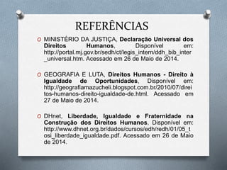 REFERÊNCIAS
O MINISTÉRIO DA JUSTIÇA, Declaração Universal dos
Direitos Humanos, Disponível em:
http://portal.mj.gov.br/sedh/ct/legis_intern/ddh_bib_inter
_universal.htm. Acessado em 26 de Maio de 2014.
O GEOGRAFIA E LUTA, Direitos Humanos - Direito à
Igualdade de Oportunidades, Disponível em:
http://geografiamazucheli.blogspot.com.br/2010/07/direi
tos-humanos-direito-igualdade-de.html. Acessado em
27 de Maio de 2014.
O DHnet, Liberdade, Igualdade e Fraternidade na
Construção dos Direitos Humanos, Disponível em:
http://www.dhnet.org.br/dados/cursos/edh/redh/01/05_t
osi_liberdade_igualdade.pdf. Acessado em 26 de Maio
de 2014.
 