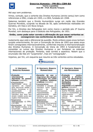 Prof. Ricardo Torques www.estrategiaconcursos.com.br 42 de 85
DIREITOS HUMANOS PM-BA E CBM-BA
Teoria e questões
Aula 00 Prof. Ricardo Torques
Até aqui sem problemas.
Vimos, contudo, que a vertente dos Direitos Humanos (stricto sensu) tem como
referenciais a ONU, criada em 1945, e a OEA, fundada em 1948.
Sabemos também que o Direito Humanitário surge em razão das Grandes
Guerras Mundiais, surgindo na década de 50, após conferências realizadas em
Genebra, em Haia e em Nova Iorque.
Por fim, o Direitos dos Refugiados tem como marco o período pós 2ª Guerra
Mundial, com destaque para o Estatuto dos Refugiados, de 1951.
Então, como pode estar correta a afirmação de que essas vertentes se
consagraram nas conferências da década de 90?
Justamente aqui está o diferencial da questão. Muito embora esses eixos tenham
surgido anteriormente, foi com a Convenção de Viena de 1993 que esses eixos
foram consagrados internacionalmente, conferindo impulso à internacionalização
dos Direitos Humanos. A Convenção de Viena de 1993 é fundamental por
consolidar os rumos dos Direitos Humanos e por fortalecer os sistemas
internacionais de proteção. Portanto, está correta a assertiva. Notem que o
enunciado não fala em "surgimento", mas em "consagração".
Vejamos, por fim, um esquema que resume as três vertentes acima estudadas.
1ª VERTENTE:
DIREITOS HUMANOS
Proteção
internacional à
dignidade da pessoa
humana (conceito).
Características: a)
legitimidade ativa do
signatário do tratado
para denunciar lesões a
direito humanos; e b)
possibilidade de
peticionamento pelo
indivíduo que teve seu
direito violado junto aos
orgãos internacionais.
Organismos
Internacionais: a) ONU;
e b) OEA.
Documentos: a) Carta
das Nações Unidas; e b)
Convenção Americana
de Direitos Humanos.
2ª VERTENTE: DIREITO
HUMANITÁRIO
Garantia de paz e
segurança dos grupos
vulneráveis em razão
de conflitos militares
e bélicos (conceito).
Características: a)
consolida a posição do
indivíduo como sujeito
passivo de direito
internacional; e b)
impossibilidade de
peticionamento pelo
indivíduo que teve seu
direito humano violado.
Organismos
Internacionais: a)
Movimento Internacional
da Cruz Vermelha; e b)
Tribunal Penal
Internacional.
Documento: Direito de
Genebra.
3ª VERTENTE: DIREITO
DOS REFUGIADOS
Proteção contra
violações a direitos
civis, em decorrência
de discriminações, de
limitações às
liberdades de
expressão e à opinião
política (conceito).
Marco Histórico: pós 2ª
Guerra Mundial, quando
houve a necessidade de
repatriamento das
vítimas dos conflitos
bélicos.
Documento: Estatuto
dos Refugiados, de
1951.
Princípios: a) princípio
do in dubio pro
refugiado; e b) princípio
da não-devolução.
00000000000
00000000000 - DEMO
 