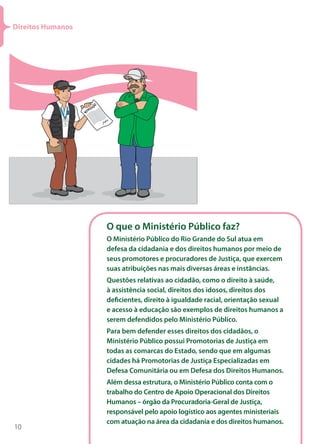Direitos Humanos




                   O que o Ministério Público faz?
                   O Ministério Público do Rio Grande do Sul atua em
                   defesa da cidadania e dos direitos humanos por meio de
                   seus promotores e procuradores de Justiça, que exercem
                   suas atribuições nas mais diversas áreas e instâncias.
                   Questões relativas ao cidadão, como o direito à saúde,
                   à assistência social, direitos dos idosos, direitos dos
                   deficientes, direito à igualdade racial, orientação sexual
                   e acesso à educação são exemplos de direitos humanos a
                   serem defendidos pelo Ministério Público.
                   Para bem defender esses direitos dos cidadãos, o
                   Ministério Público possui Promotorias de Justiça em
                   todas as comarcas do Estado, sendo que em algumas
                   cidades há Promotorias de Justiça Especializadas em
                   Defesa Comunitária ou em Defesa dos Direitos Humanos.
                   Além dessa estrutura, o Ministério Público conta com o
                   trabalho do Centro de Apoio Operacional dos Direitos
                   Humanos – órgão da Procuradoria-Geral de Justiça,
                   responsável pelo apoio logístico aos agentes ministeriais
                   com atuação na área da cidadania e dos direitos humanos.
10
 