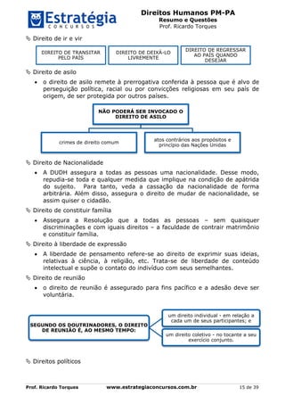 Direitos Humanos PM-PA
Resumo e Questões
Prof. Ricardo Torques
Prof. Ricardo Torques www.estrategiaconcursos.com.br 15 de 39
 Direito de ir e vir
 Direito de asilo
 o direito de asilo remete à prerrogativa conferida à pessoa que é alvo de
perseguição política, racial ou por convicções religiosas em seu país de
origem, de ser protegida por outros países.
 Direito de Nacionalidade
 A DUDH assegura a todas as pessoas uma nacionalidade. Desse modo,
repudia-se toda e qualquer medida que implique na condição de apátrida
do sujeito. Para tanto, veda a cassação da nacionalidade de forma
arbitrária. Além disso, assegura o direito de mudar de nacionalidade, se
assim quiser o cidadão.
 Direito de constituir família
 Assegura a Resolução que a todas as pessoas – sem quaisquer
discriminações e com iguais direitos – a faculdade de contrair matrimônio
e constituir família.
 Direito à liberdade de expressão
 A liberdade de pensamento refere-se ao direito de exprimir suas ideias,
relativas à ciência, à religião, etc. Trata-se de liberdade de conteúdo
intelectual e supõe o contato do indivíduo com seus semelhantes.
 Direito de reunião
 o direito de reunião é assegurado para fins pacífico e a adesão deve ser
voluntária.
 Direitos políticos
DIREITO DE TRANSITAR
PELO PAÍS
DIREITO DE DEIXÁ-LO
LIVREMENTE
DIREITO DE REGRESSAR
AO PAÍS QUANDO
DESEJAR
NÃO PODERÁ SER INVOCADO O
DIREITO DE ASILO
crimes de direito comum
atos contrários aos propósitos e
princípio das Nações Unidas
SEGUNDO OS DOUTRINADORES, O DIREITO
DE REUNIÃO É, AO MESMO TEMPO:
um direito individual - em relação a
cada um de seus participantes; e
um direito coletivo - no tocante a seu
exercício conjunto.
 