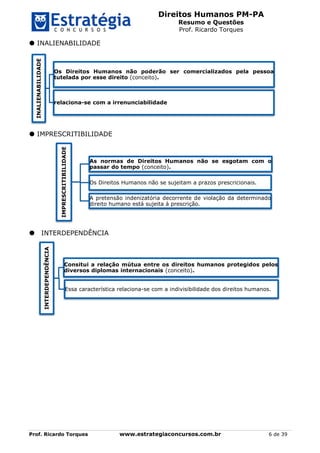 Direitos Humanos PM-PA
Resumo e Questões
Prof. Ricardo Torques
Prof. Ricardo Torques www.estrategiaconcursos.com.br 6 de 39
 INALIENABILIDADE
 IMPRESCRITIBILIDADE
INTERDEPENDÊNCIA
INALIENABILIDADE
Os Direitos Humanos não poderão ser comercializados pela pessoa
tutelada por esse direito (conceito).
relaciona-se com a irrenunciabilidade
IMPRESCRITIBILIDADE
As normas de Direitos Humanos não se esgotam com o
passar do tempo (conceito).
Os Direitos Humanos não se sujeitam a prazos prescricionais.
A pretensão indenizatória decorrente de violação da determinado
direito humano está sujeita à prescrição.
INTERDEPENDÊNCIA
Consitui a relação mútua entre os direitos humanos protegidos pelos
diversos diplomas internacionais (conceito).
Essa característica relaciona-se com a indivisibilidade dos direitos humanos.
 