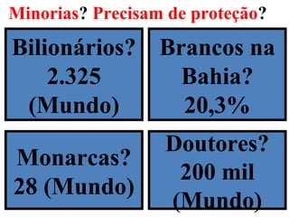 Minorias? Precisam de proteção?
15
Bilionários?
2.325
(Mundo)
Monarcas?
28 (Mundo)
Brancos na
Bahia?
20,3%
Doutores?
200 mil
(Mundo)
 