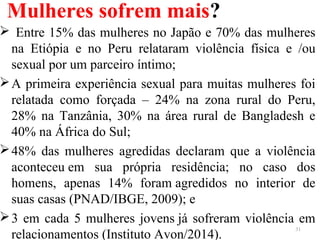 Mulheres sofrem mais?
 Entre 15% das mulheres no Japão e 70% das mulheres
na Etiópia e no Peru relataram violência física e /ou
sexual por um parceiro íntimo;
A primeira experiência sexual para muitas mulheres foi
relatada como forçada – 24% na zona rural do Peru,
28% na Tanzânia, 30% na área rural de Bangladesh e
40% na África do Sul;
48% das mulheres agredidas declaram que a violência
aconteceu em sua própria residência; no caso dos
homens, apenas 14% foram agredidos no interior de
suas casas (PNAD/IBGE, 2009); e
3 em cada 5 mulheres jovens já sofreram violência em
relacionamentos (Instituto Avon/2014).
31
 