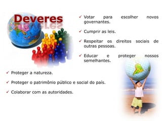 Deveres  Votar para escolher novos
governantes.
 Cumprir as leis.
 Respeitar os direitos sociais de
outras pessoas.
 Educar e proteger nossos
semelhantes.
 Proteger a natureza.
 Proteger o patrimônio público e social do país.
 Colaborar com as autoridades.
 