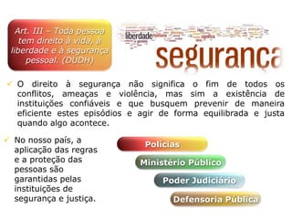 Art. III – Toda pessoa
tem direito à vida, à
liberdade e à segurança
pessoal. (DUDH)
 O direito à segurança não significa o fim de todos os
conflitos, ameaças e violência, mas sim a existência de
instituições confiáveis e que busquem prevenir de maneira
eficiente estes episódios e agir de forma equilibrada e justa
quando algo acontece.
 No nosso país, a
aplicação das regras
e a proteção das
pessoas são
garantidas pelas
instituições de
segurança e justiça.
Poder Judiciário
Ministério Público
Polícias
Defensoria Pública
 