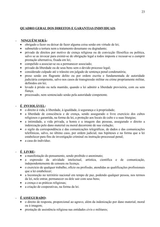 23




    QUADRO GERAL DOS DIREITOS E GARANTIAS INDIVIDUAIS


−    NINGUÉM SERÁ:
    • obrigado a fazer ou deixar de fazer alguma coisa senão em virtude de lei;
    • submetido a tortura nem a tratamento desumano ou degradante;
    • privado de direitos por motivo de crença religiosa ou de convicção filosófica ou política,
       salvo se as invocar para eximir-se de obrigação legal a todos imposta e recusar-se a cumprir
       prestação alternativa, fixada em lei;
    • compelido a associar-se ou a permanecer associado;
    • privado da liberdade ou de seus bens sem o devido processo legal;
    • considerado culpado até o trânsito em julgado de sentença penal condenatória;
    • preso senão em flagrante delito ou por ordem escrita e fundamentada de autoridade
       judiciária competente, salvo nos casos de transgressão militar ou crime propriamente militar,
       definidos em lei;
    • levado à prisão ou nela mantido, quando a lei admitir a liberdade provisória, com ou sem
       fiança;
    • processado, nem sentenciado senão pela autoridade competente.


−   É INVIOLÁVEL:
    • o direito à vida, à liberdade, à igualdade, à segurança e à propriedade;
    • a liberdade de consciência e de crença, sendo assegurado o livre exercício dos cultos
       religiosos e garantida, na forma da lei, a proteção aos locais de culto e a suas liturgias;
    • a intimidade, a vida privada, a honra e a imagem das pessoas, assegurado o direito a
       indenização pelo dano material ou moral decorrente de sua violação;
    • o sigilo da correspondência e das comunicações telegráficas, de dados e das comunicações
       telefônicas, salvo, no último caso, por ordem judicial, nas hipóteses e na forma que a lei
       estabelecer para fins de investigação criminal ou instrução processual penal;
    • a casa do indivíduo.


−   É LIVRE:
    • a manifestação do pensamento, sendo proibido o anonimato;
    • a expressão da atividade intelectual, artística, científica e de comunicação,
      independentemente de censura ou licença;
    • o exercício de qualquer trabalho, ofício ou profissão, atendidas as qualificações profissionais
      que a lei estabelecer;
    • a locomoção no território nacional em tempo de paz, podendo qualquer pessoa, nos termos
      da lei, nele entrar, permanecer ou dele sair com seus bens;
    • a crença e as práticas religiosas;
    • a criação de cooperativas, na forma da lei.


−   É ASSEGURADO:
    • o direito de resposta, proporcional ao agravo, além da indenização por dano material, moral
       ou à imagem;
    • prestação de assistência religiosa nas entidades civis e militares;
 
