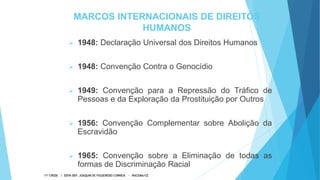  1948: Declaração Universal dos Direitos Humanos
 1948: Convenção Contra o Genocídio
 1949: Convenção para a Repressão do Tráfico de
Pessoas e da Exploração da Prostituição por Outros
 1956: Convenção Complementar sobre Abolição da
Escravidão
 1965: Convenção sobre a Eliminação de todas as
formas de Discriminação Racial
MARCOS INTERNACIONAIS DE DIREITOS
HUMANOS
11ª CREDE / EEFM DEP. JOAQUIM DE FIGUEIREDO CORREIA - IRACEMA/CE
 