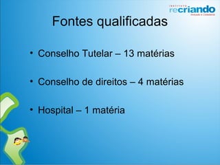 Fontes qualificadas
• Conselho Tutelar – 13 matérias
• Conselho de direitos – 4 matérias
• Hospital – 1 matéria
 