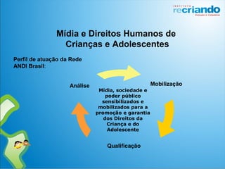 Mídia e Direitos Humanos de
Crianças e Adolescentes
Mídia, sociedade e
poder público
sensibilizados e
mobilizados para a
promoção e garantia
dos Direitos da
Criança e do
Adolescente
Análise
Qualificação
Mobilização
Perfil de atuação da Rede
ANDI Brasil:
 