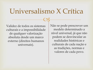 
Universalismo X Crítica
Validez de todos os sistemas
culturais e a impossibilidade
de qualquer valorização
absoluta desde um marco
externo (direitos humanos
universais).
Não se pode prescrever um
modelo determinado a
nível universal, já que não
podem se desvincular as
realidades históricas e
culturais de cada nação e
as tradições, normas e
valores de cada povo.
 