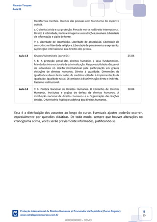 9
55
transtornos mentais. Direitos das pessoas com transtorno do espectro
autista.
c. O direito à vida e sua proteção. Pena de morte no Direito Internacional.
Direito à intimidade, honra e imagem e as restrições possíveis. Liberdade
de informação e sigilo de fonte.
9 c. Liberdade de locomoção. Liberdade de associação. Liberdade de
consciência e liberdade religiosa. Liberdade de pensamento e expressão.
A proteção internacional aos direitos dos presos.
Aula 13 Grupos Vulneráveis (parte 04)
5 b. A proteção penal dos direitos humanos e seus fundamentos.
Mandados internacionais de criminalização. Responsabilidade não penal
de indivíduos no direito internacional pela participação em graves
violações de direitos humanos. Direito à igualdade. Dimensões da
igualdade e dever de inclusão. As medidas voltadas à implementação da
igualdade. Igualdade racial. O combate à discriminação direta e indireta.
Racismo institucional.
25.04
Aula 14 9 b. Política Nacional de Direitos Humanos. O Conselho de Direitos
Humanos. Institutos e órgãos de defesa de direitos humanos. A
instituição nacional de direitos humanos e a Organização das Nações
Unidas. O Ministério Público e a defesa dos direitos humanos.
30.04
Essa é a distribuição dos assuntos ao longo do curso. Eventuais ajustes poderão ocorrer,
especialmente por questões didáticas. De todo modo, sempre que houver alterações no
cronograma acima, vocês serão previamente informados, justificando-se.
Ricardo Torques
Aula 00
Proteção Internacional de Direitos Humanos p/ Procurador da República (Curso Regular)
www.estrategiaconcursos.com.br
0
00000000000 - DEMO
 