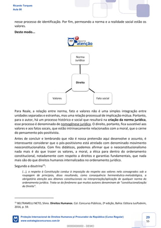 29
55
nesse processo de identificação. Por fim, permeando a norma e a realidade social estão os
valores.
Deste modo...
Para Reale, a relação entre norma, fato e valores não é uma simples integração entre
unidades separadas e estranhas, mas uma relação processual de implicação mútua. Portanto,
para o autor, há um processo histórico e social que resultará na criação da norma jurídica,
esse processo é denominado de nomogênese jurídica. O direito, portanto, fica suscetível aos
valores e aos fatos socais, que estão intrinsecamente relacionados com a moral, que o cerne
do pensamento pós-positivista.
Antes de concluir e lembrando que não é nossa pretensão aqui desenvolve o assunto, é
interessante considerar que o pós-positivismo está atrelado com denominado movimento
neoconstitucionalista. Com fins didáticos, podemos afirmar que o neoconstitucionalismo
nada mais é do que trazer os valores, a moral, a ética para dentro do ordenamento
constitucional, notadamente com respeito a direitos e garantias fundamentais, que nada
mais são do que direitos humanos internalizados no ordenamento jurídico.
Segundo a doutrina15
:
(...), o respeito à Constituição conduz à imposição do respeito aos valores nela consagrados sob a
roupagem de princípios, disso resultando, como consequência hermenêutico-metodológica, a
obrigatória atenção aos ditames constitucionais na interpretação/aplicação de qualquer norma do
ordenamento jurídico. Trata-se do fenômeno que muitos autores d
15
BELTRAMELLI NETO, Silvio. Direitos Humanos. Col. Concurso Públicos, 2ª edição, Bahia: Editora JusPodvim,
2016, p. 59.
Direito
Norma
Jurídica
Fato socialValores
Ricardo Torques
Aula 00
Proteção Internacional de Direitos Humanos p/ Procurador da República (Curso Regular)
www.estrategiaconcursos.com.br
0
00000000000 - DEMO
 