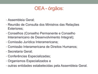 OEA - órgãos:
• Assembleia Geral;
• Reunião de Consulta dos Ministros das Relações
Exteriores;
• Conselhos (Conselho Permanente e Conselho
Interamericano de Desenvolvimento Integral);
• Comissão Jurídica Interamericana;
• Comissão Interamericana de Direitos Humanos;
• Secretaria Geral;
• Conferências Especializadas;
• Organismos Especializados e
• outras entidades estabelecidas pela Assembleia Geral.
 