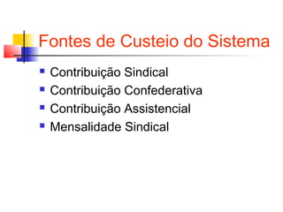 Fontes de Custeio do Sistema
 Contribuição Sindical
 Contribuição Confederativa
 Contribuição Assistencial
 Mensalidade Sindical
 
