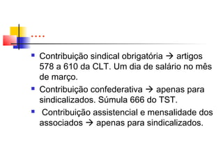 ....
 Contribuição sindical obrigatória  artigos
578 a 610 da CLT. Um dia de salário no mês
de março.
 Contribuição confederativa  apenas para
sindicalizados. Súmula 666 do TST.
 Contribuição assistencial e mensalidade dos
associados  apenas para sindicalizados.
 